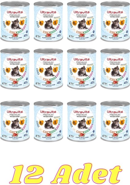 Premium Yüksek Proteinli Kuzu Etli Konserve Yaş Yavru Kedi Maması 415GRX12 Adet