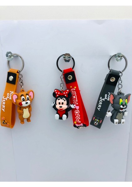 Minnie Mouse,tom Cat ve Jerry 3 Adet 3D Silikon Anahtarlık Oyuncak ve Çanta Aksesuarı