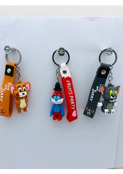 Şirin Baba,,tom Cat ve Jerry 3 Adet 3D Silikon Anahtarlık Oyuncak ve Çanta Aksesuarı