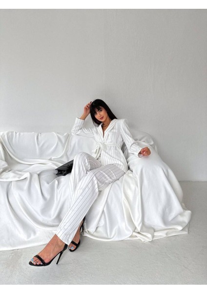 Kuşaklı Çizgili Ceket Pantolon Takım Elbise modelleri