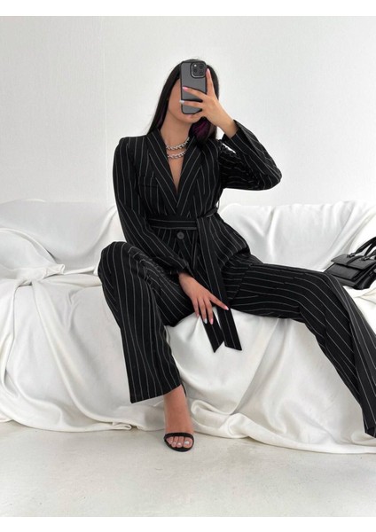 Kuşaklı Çizgili Ceket Pantolon Takım Elbise modelleri