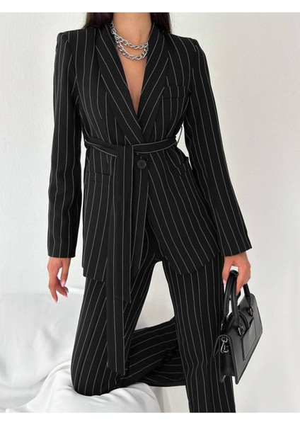 Kuşaklı Çizgili Ceket Pantolon Takım Elbise indirimleri