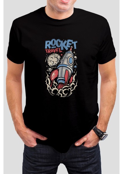 Rocket Travel Baskılı Siyah Tişört C711