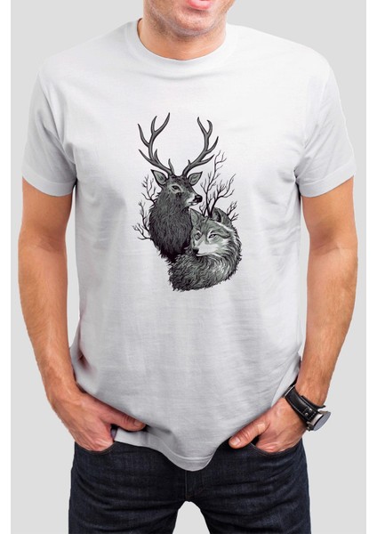 Geyik ve Kurt Baskılı Beyaz Tişört C722