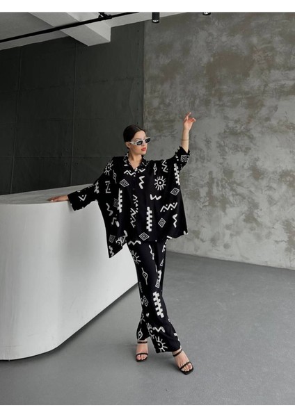 Alt Üst Keten Takım Desenli Oversize