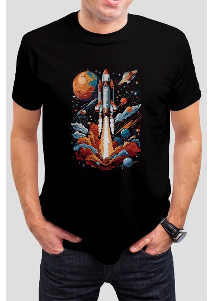 Uzay Gemisi Roket Baskılı Siyah Tişört C707