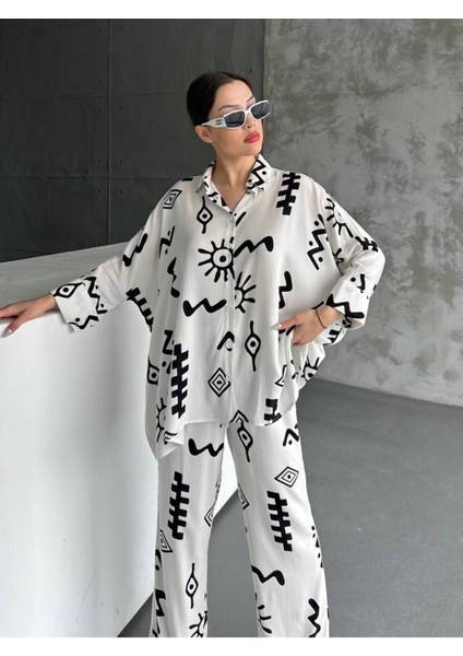 Alt Üst Keten Takım Desenli Oversize