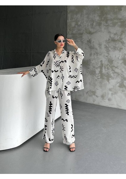 Alt Üst Keten Takım Desenli Oversize modelleri