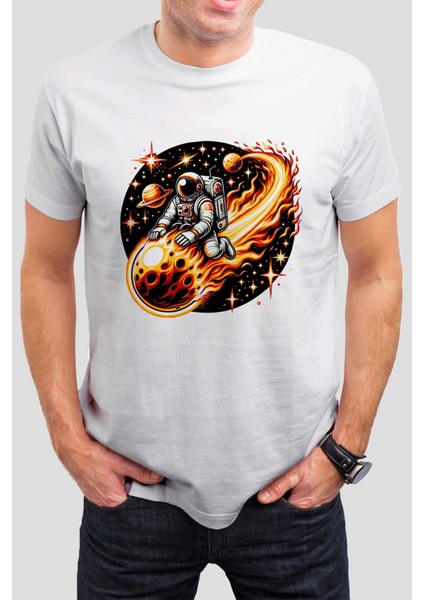 Astronot Gezegen Baskılı Beyaz Tişört C704