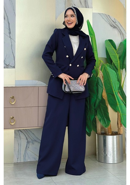 Düğme Detay Blazer Ceket Bol Pantolon Takım 8302 Lacivert