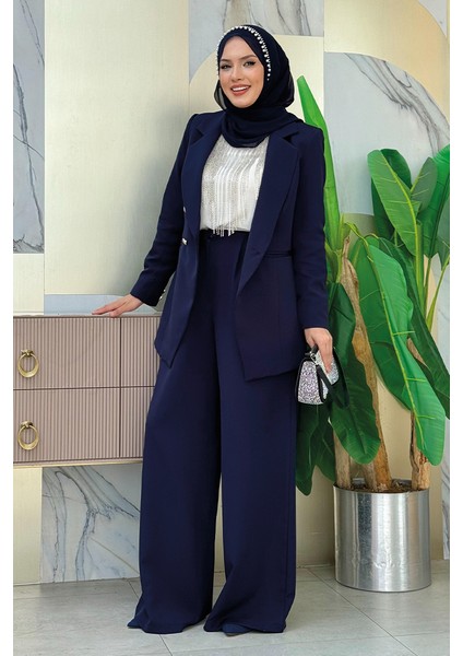 Düğme Detay Blazer Ceket Bol Pantolon Takım 8302 Lacivert modelleri