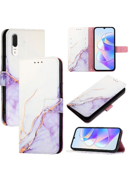 Huawei P20 Kickstand Mermer Desen Cüzdan Pu Deri Kılıf (Yurt Dışından)