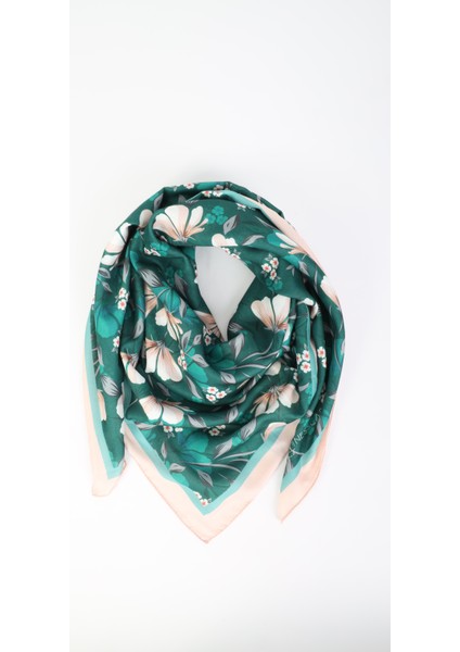 Çiçek Desenli Yeşil Eşarp 95X95