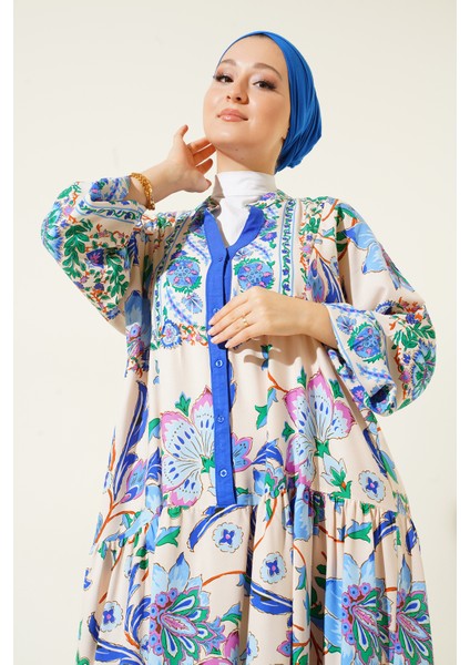 2423 Otantik Desenli Elbise - Y.lacivert