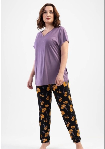 Kadın Kısa Kol Battal Pijama Takım 0598 Lila