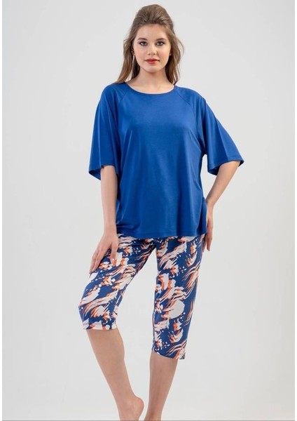 Bayan Kısa Kol Kapri Pijama Takım 0778 Saks Mavi