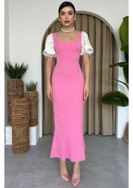 Vintage Stil Balon Kol Uzun Elbise - Pembe/beyaz