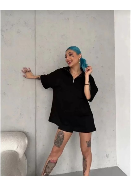 Yarım Fermuarlı Düz Oversize T-Shirt - Siyah
