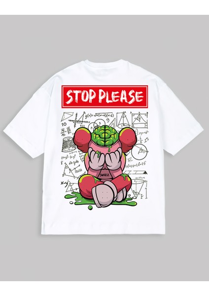 Stop Please Sırt Baskılı Unisex Oversize Pamuklu Tişört