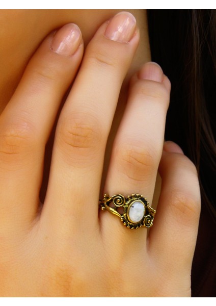 Doğal Taş Aytaşı Doğal Taşlı Antik Işlemeli Ayarlanabilir Kadın Yüzük EUY36AY