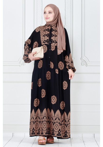 Motif Desen Robalı Viscon Tesettür Elbise-Siyah