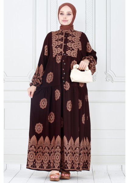 Motif Desen Robalı Viscon Tesettür Elbise-Kahverengi