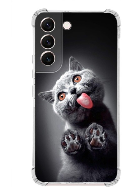 Samsung Galaxy S22 Uyumlu Kedi 2 Baskılı Şeffaf Köşe Korumalı Antişok Kılıf