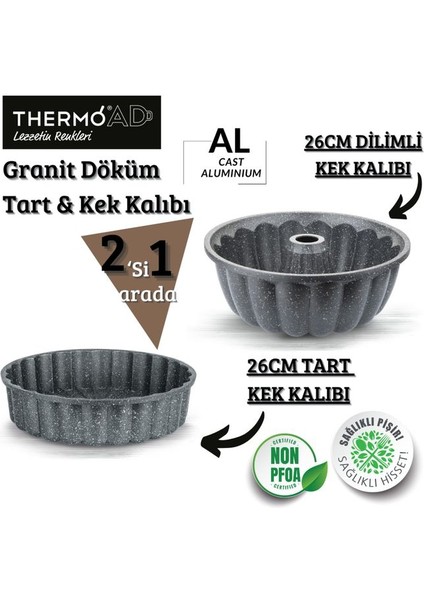 Gri Set Alüminyum Döküm 2'Li Dilimli Ve Tart Kek Kalıbı 26 Cm Sık Dilimli Çeyiz Seti Granit