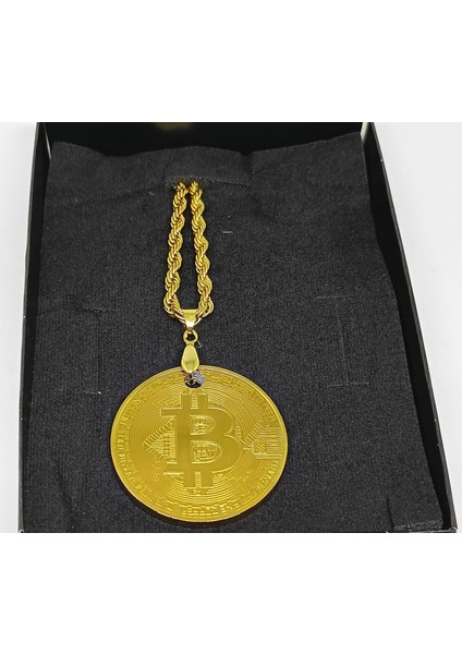 Bitcoin Sanal Para Kolye Unisex  Kolye Gold Kaplama 60 cm Zincir Kutulu