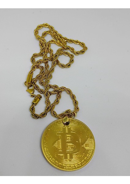 Bitcoin Sanal Para Kolye Unisex  Kolye Gold Kaplama 60 cm Zincir Kutulu