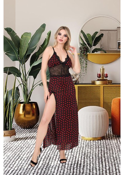 Boyun Askılı Derin Yırtmaçlı Bordo Kalp Desenli Dantel Kadın Şık Sabahlık fiyatları