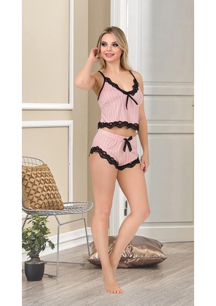 Ince Askılı Tozpembe Dantelli Kadın Alt Üst Şort Pijama Gecelik Takımı modelleri