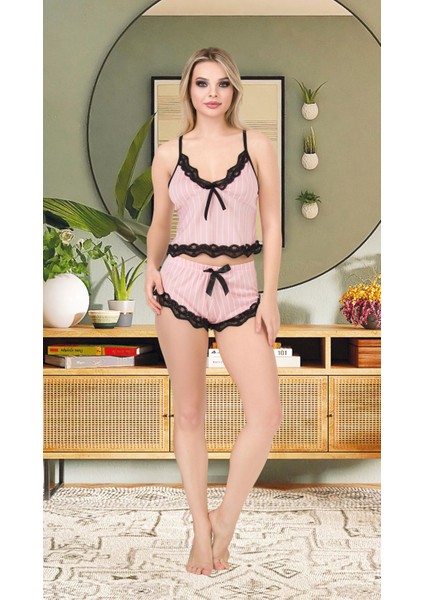 Ince Askılı Tozpembe Dantelli Kadın Alt Üst Şort Pijama Gecelik Takımı fırsatları
