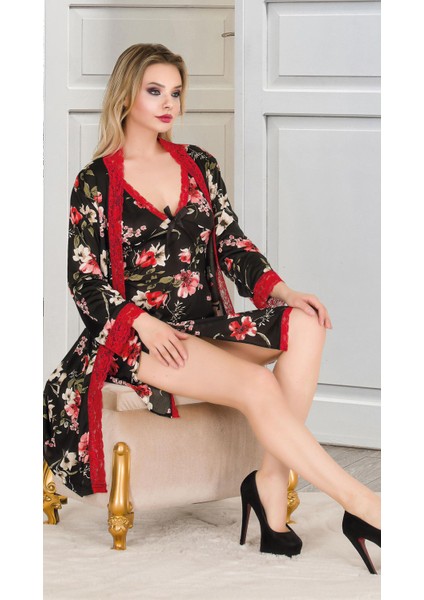 Çiçek Desenli Dantelli Kadın 2'li Gecelik Sabahlık Takımı fiyatları