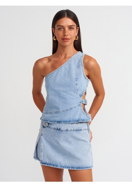 71680 Yanı Tokalı Denim Şort Etek-Mavi modelleri