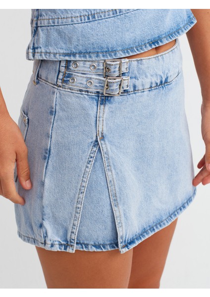 71680 Yanı Tokalı Denim Şort Etek-Mavi fırsatları