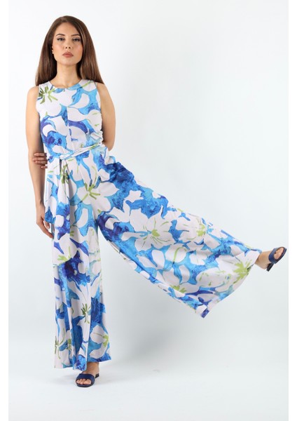 Kadın Summer Likralı Kuşaklı Geniş Paça Tulum