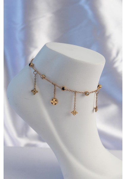 Yonca Model Zirkon Taşlı Çelik Gold Halhal