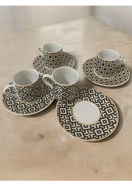 Dekoratif Şık Tasarım Beyaz Altın Yaldızlı Modern Desenli 4 Kişilik Porselen Kahve Fincan Seti fiyatları
