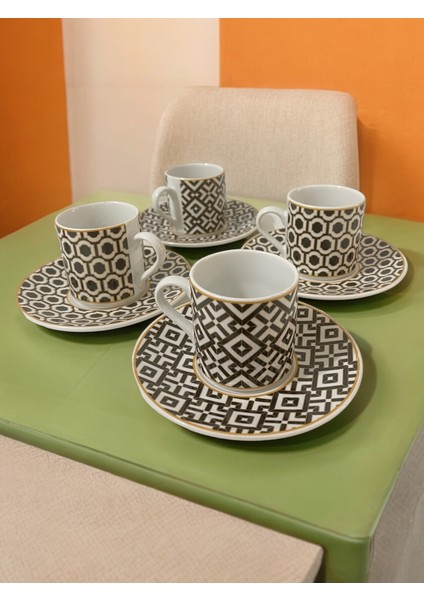 Dekoratif Şık Tasarım Beyaz Altın Yaldızlı Modern Desenli 4 Kişilik Porselen Kahve Fincan Seti modelleri