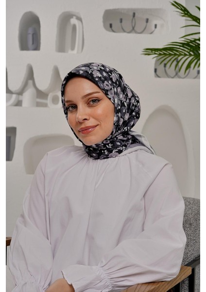 Çiçek Desen Gri Soft Pamuk Eşarp