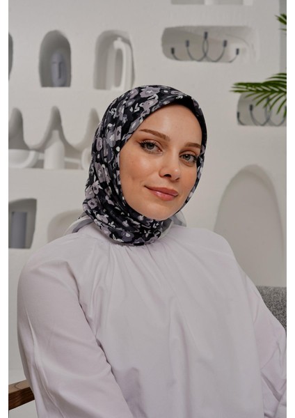 Çiçek Desen Gri Soft Pamuk Eşarp