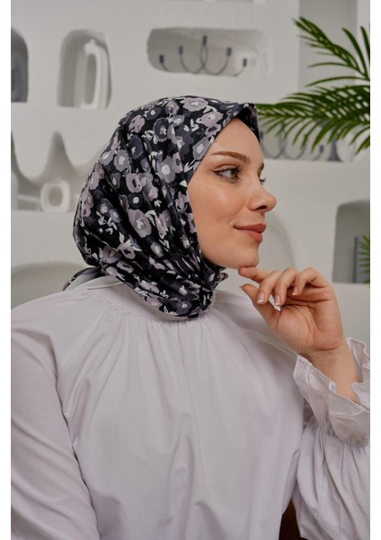 Çiçek Desen Gri Soft Pamuk Eşarp