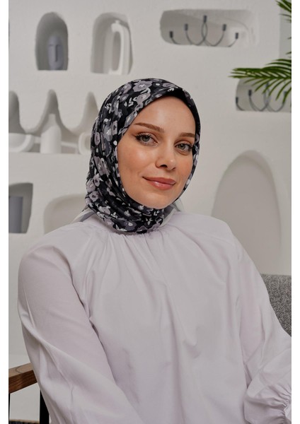 Çiçek Desen Gri Soft Pamuk Eşarp