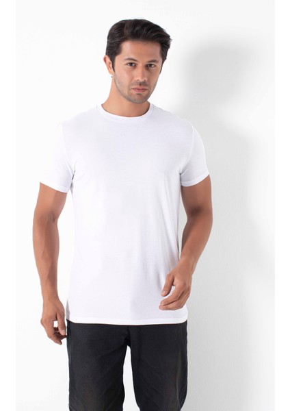 Erkek Beyaz T-Shirt Pamuk Bisiklet Yaka Regular Fit