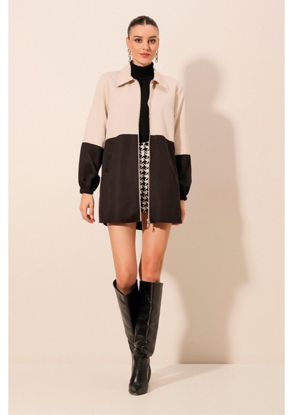 5909 Çift Renkli Mevsimlik Trençkot - Siyah fiyatları