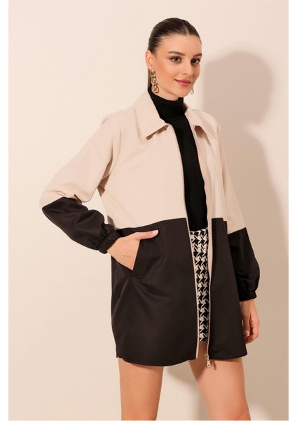 5909 Çift Renkli Mevsimlik Trençkot - Siyah fırsatları