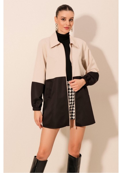 5909 Çift Renkli Mevsimlik Trençkot - Siyah