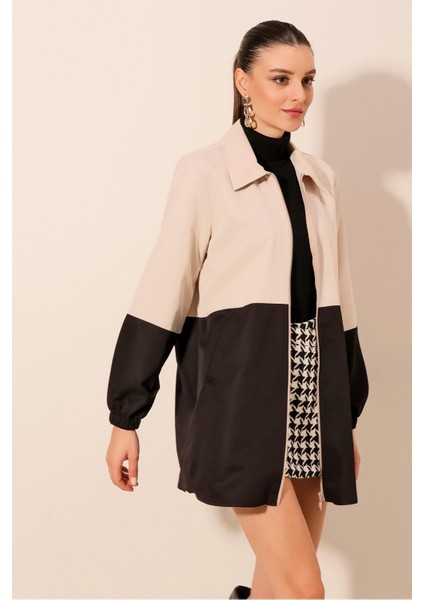 5909 Çift Renkli Mevsimlik Trençkot - Siyah modelleri