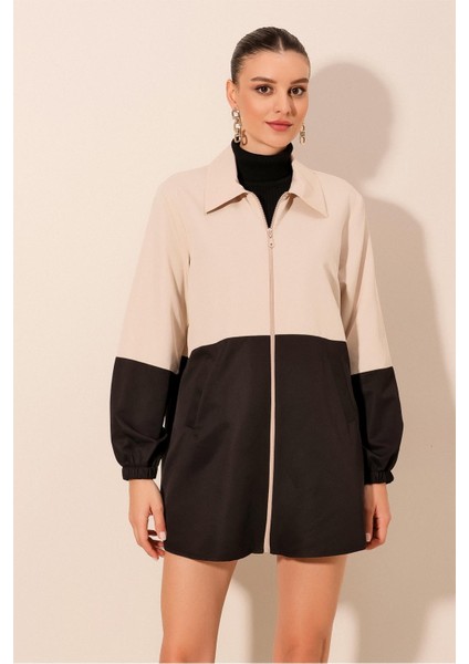 5909 Çift Renkli Mevsimlik Trençkot - Siyah indirimleri